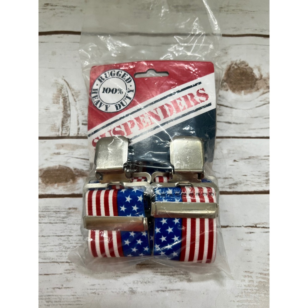 NEW Rugged Suspenders American Flag Stars Stripes Heavy Duty Clip On OSFM